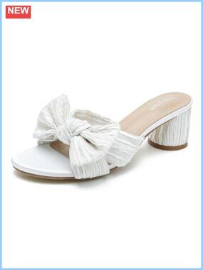 Women's Bowknot Low Chunky Heel Mules Slip On Pleated Bow Heels Wedding Sandals